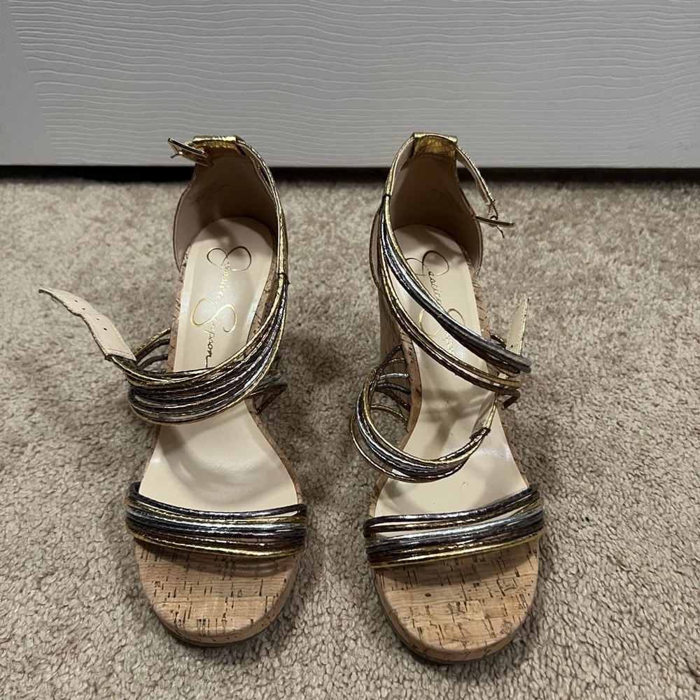 Jessica Simpson Gold and Black Strappy Heels